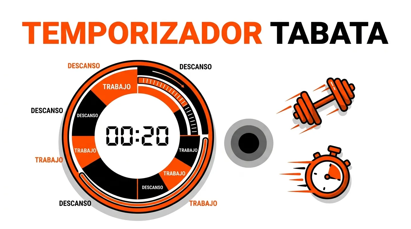 Temporizador Tabata online con fases de trabajo y descanso, línea de tiempo visual segmentada y contador de rondas